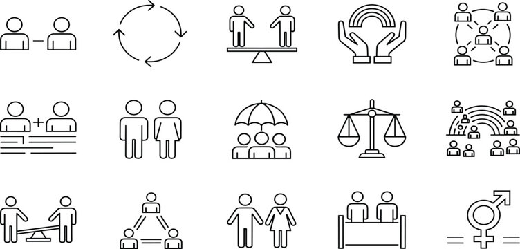 Equality diversity inclusion teamwork justice balance collaboration community human rights social equity people connection icons line design