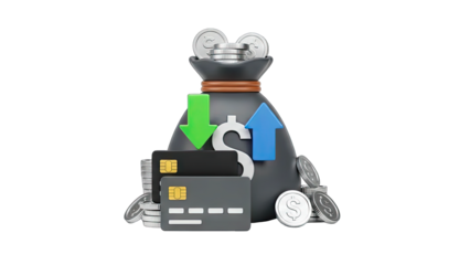 3D Money bag with credit cards, coins and up/down arrows on transparent background