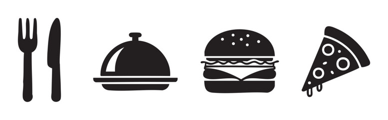 Fototapeta premium Food and dining icons including a fork, knife, covered dish, hamburger, and pizza slice, symbolizing restaurant and fast food options.