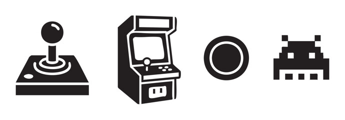 Retro video game icons featuring classic arcade elements like a joystick, cabinet, button, and pixelated alien character, representing vintage entertainment and digital nostalgia.
