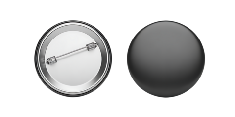 Round metal badge with pin attachment isolated on transparent background