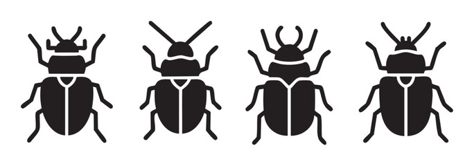 Four stylized black beetle insect icons representing various types of creepy crawlies and pests, perfect for nature or entomology related designs.