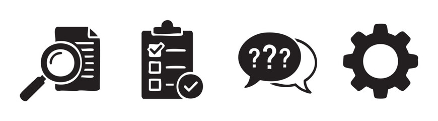Fototapeta premium Problem solving process icons set with search, checklist, questions, and settings symbols for effective business management and development.