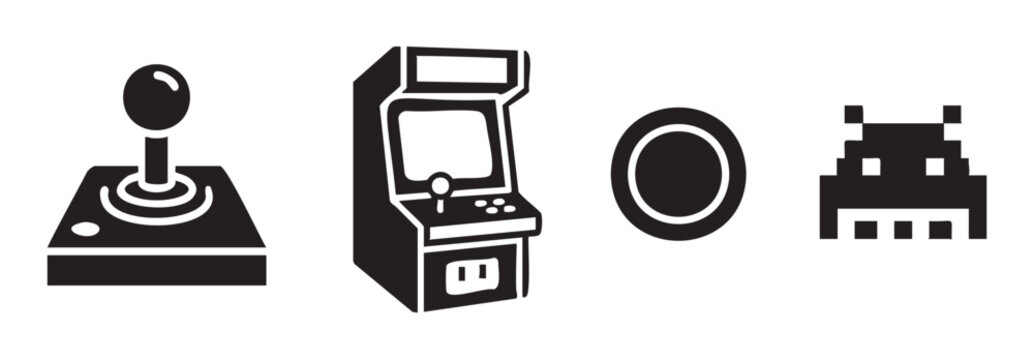Retro video game icons featuring classic arcade elements like a joystick, cabinet, button, and pixelated alien character, representing vintage entertainment and digital nostalgia.