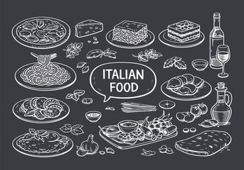 Hand-Drawn Italian Cuisine Assortment on Chalkboard