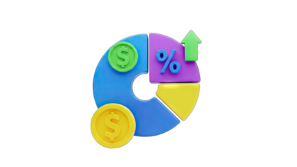 3D Pie Chart with Growth Arrow, Percentage and Dollar Coins on transparent background