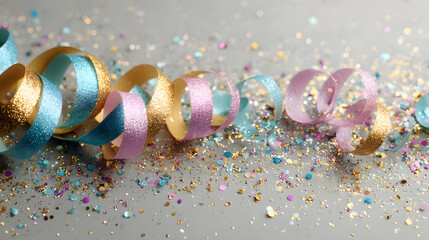 Abstract festive background with glitter, confetti, ribbons and free place for text. New Year, Christmas, birthday, holiday celebration banner