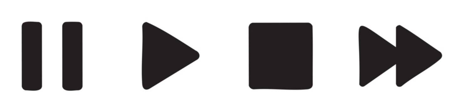 Media player control icons, including pause, play, stop, and fast forward symbols, are presented in a simple, hand-drawn black and white style.