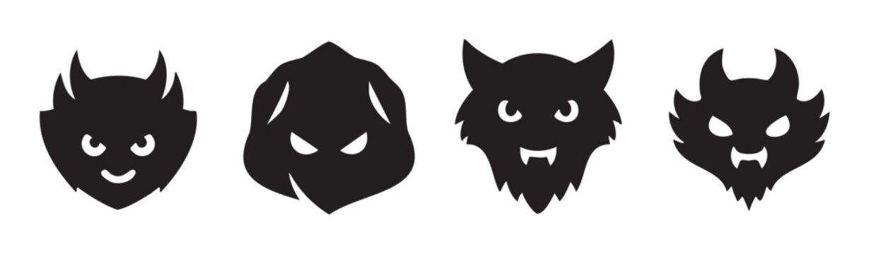 Four stylized monster faces feature spooky designs, perfect for Halloween, fantasy themes, or graphic design elements representing evil and mythical creatures.