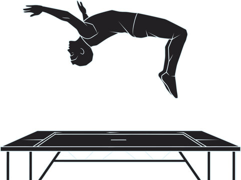 Black silhouette vector of a male gymnast executing a backflip over a trampoline. A minimalist graphic capturing the grace, power, and precision of aerial gymnastics and acrobatic rebounding.