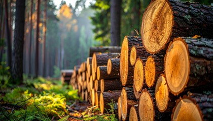 Serene forest path with stacked logs, sunbeams filtering through tall trees in peaceful woodland.