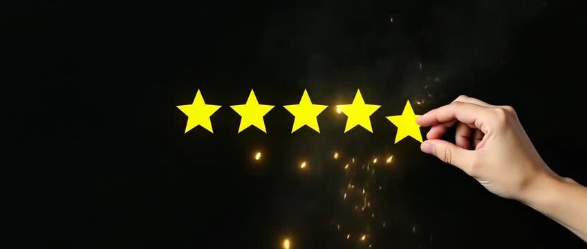 Hand marking five yellow stars on black background symbolizing best customer satisfaction and high quality product and service evaluation concept as Hand reaching to mark five yellow stars on black ba