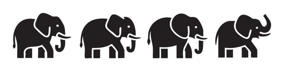 Fototapeta premium Four black silhouette elephants are depicted in a row, showcasing their iconic shapes and distinct features with a minimalist graphic design style.