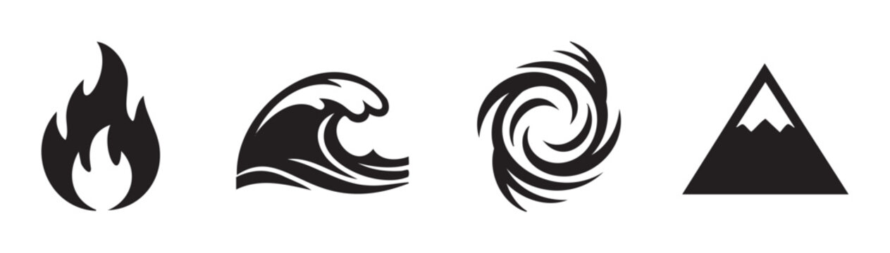 Four classical elements symbols representing fire, water, air, and earth, depicted as simple black and white icons for various design concepts and spiritual themes.