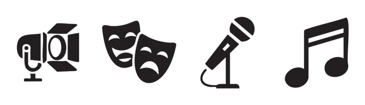 Theater masks spotlight microphone music note icons representing performing arts and entertainment industry concepts and themes for design projects.