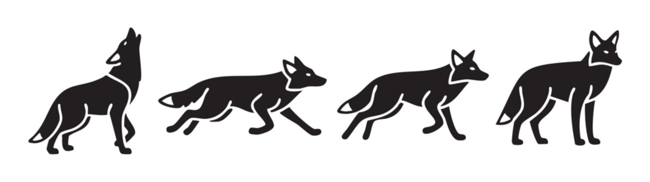 Four black stylized wolves depicted in various poses, including howling, running, and standing, illustrating their wild nature and movement.