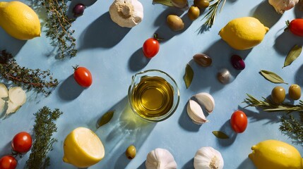 Mediterranean Still Life Food Photography Fresh Ingredients Coastal Color Palette Stock Image