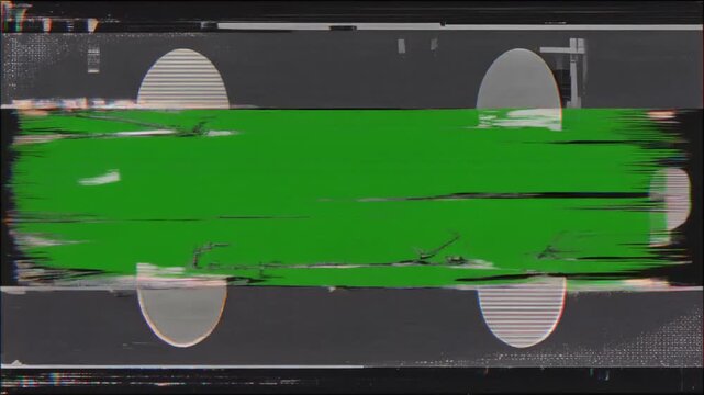Old VHS tape tearing, glitching, static lines, rumble distortion, green screen center frame 4k video