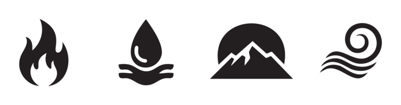 Four classical elements icons representing fire, water, earth, and air are displayed in a simple, minimalist black and white graphic design.