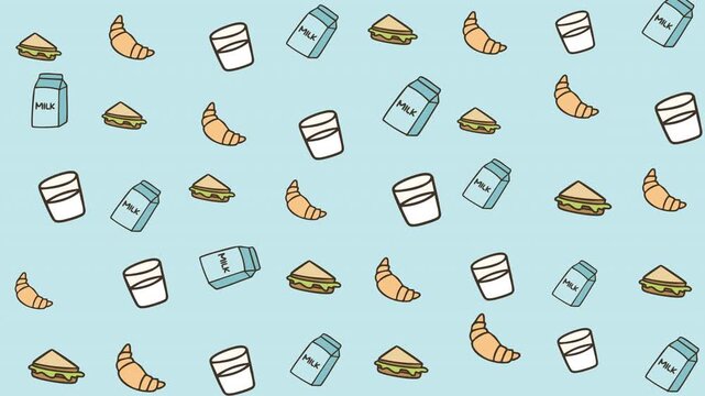 Repeating pattern of croissants, milk, sandwiches, and cups. Perfect for menu designs, food packaging, cafe decor, and culinarythemed projects.