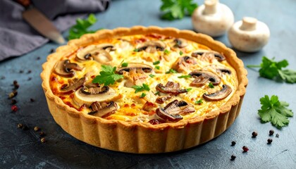 Freshly baked mushroom quiche with golden crust, parsley garnish, and ingredients on light gray surface.