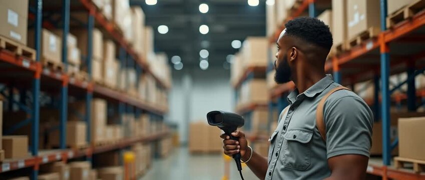 Warehouse employee scanning boxes with a barcode reader, camera slowly panning through organized shelves, ambient industrial sounds, realistic lighting, commercial logistics efficiency.