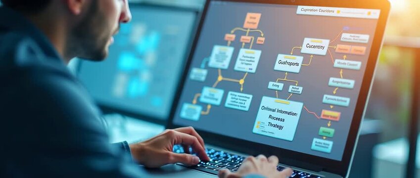 Focused professional develops a digital mind map on a laptop, fingers typing swiftly; camera pans slowly across the screen, capturing dynamic office lighting in a cinematic style.