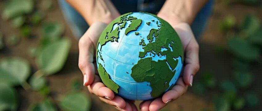 Top View Hands People Embracing Handmade Globe Protecting Planet Together World Earth Day Green Energy ESG Renewable Sustainable Resources Environmental Care concept as Top view of hands embracing han