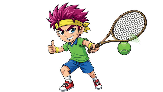 Cartoon Boy Playing Tennis with Racket and Ball Illustration