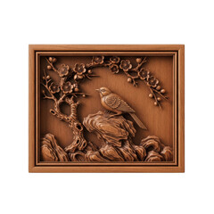 Wooden relief carving of bird and plum blossoms isolated on transparent background