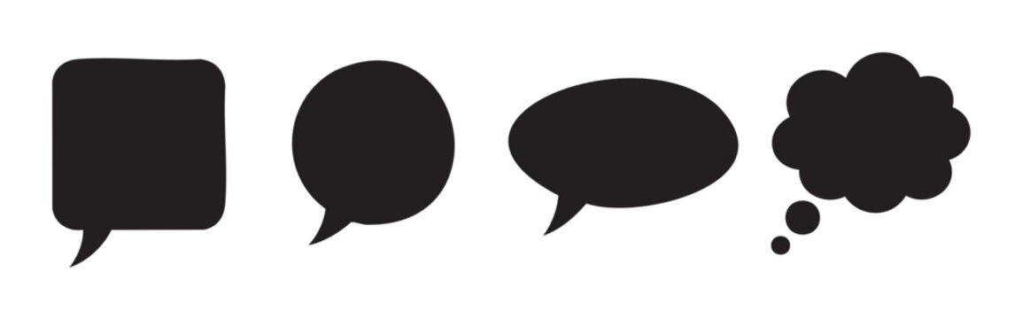 Various black speech and thought bubbles for communication and dialogue concepts, representing different forms of conversation and thinking in graphic design.