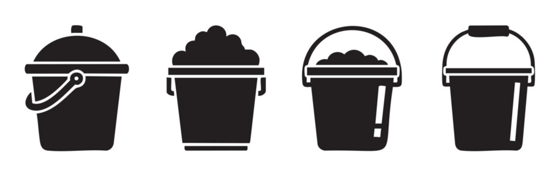 Four different utility buckets and pails are presented as simple graphic icons, suitable for cleaning, gardening, or construction themes.