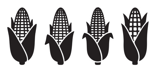 Four graphic black silhouettes of corn on the cob with husks partially peeled back, showcasing different kernel patterns, representing agriculture and healthy eating.