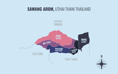 Map showing Sawang Arom District Uthai Thani Thailand divided into sub-districts with minimalist colorful patterns