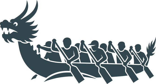 Traditional dragon boat racing vector illustration featuring a crew of rowers. Minimalist silhouette design ideal for cultural festival branding, sporting event logos, and Asian heritage graphics.