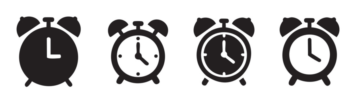 Four different alarm clock icons representing time and deadlines, perfect for scheduling, reminders, and important events in various digital designs.