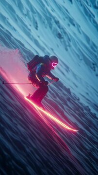 Cinematic vertical 9:16 perspective of a person skiing down a pristine mountain run with soft snowflakes falling, highlighting the beauty of outdoor winter adventure and active lifestyle.