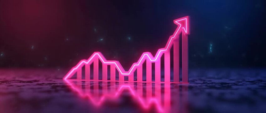 Neon graph rises steadily against a reflective surface, symbolizing growth, as the camera slowly pans across the futuristic, cinematic scene with ambient light flickering gently.