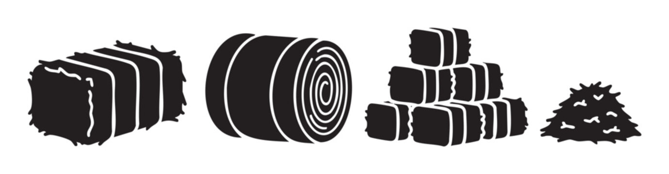 Hay bales and straw vector silhouette collection showcasing various forms of dried grass for agriculture, farming, and animal feed.