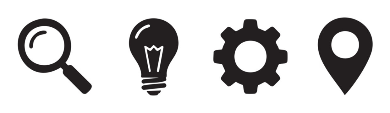 Magnifying glass, light bulb, gear, map pin icons represent essential concepts for problem-solving, innovation, settings, and location services.