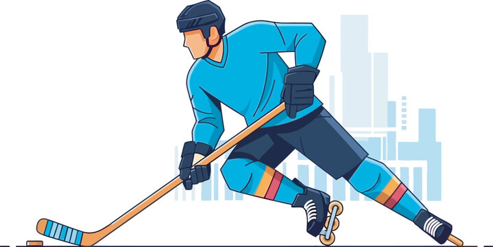 Vibrant vector art of a roller hockey player in action against a city backdrop. Ideal for street hockey leagues, urban sports gear promotion, and dynamic inline skating graphics for social media.