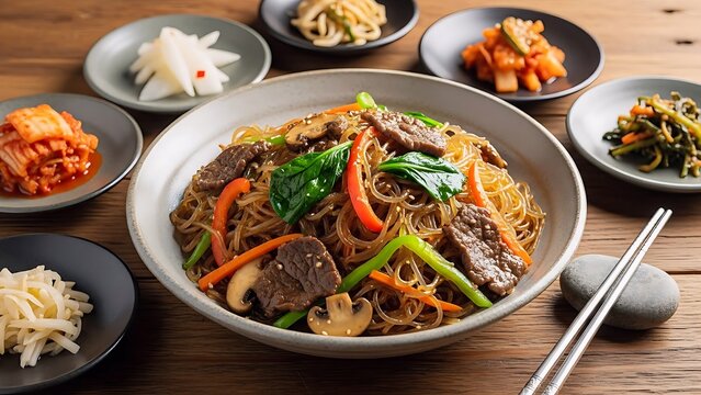 A delicious and colorful bowl of traditional Korean Japchae, featuring glass noodles stir-fried with tender beef, fresh vegetables like bell peppers, carrots, mushrooms & spinach served with banchan. - Powered by Adobe