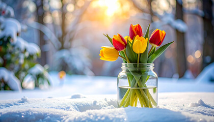 Colorful Tulips in a Jar on Snow with Golden Sunlight and Bokeh flowers bouquet