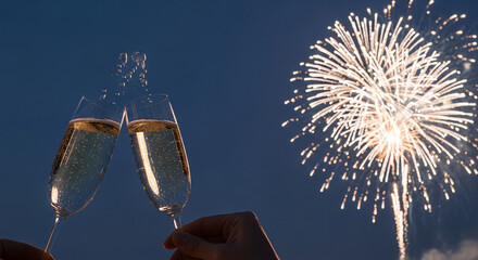 Two glass cups with beverage and bubbles being touched with fireworks on blue background, representing celebration, festive event, and achievement