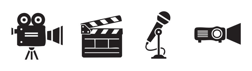 Fototapeta premium Film camera clapperboard microphone projector icons representing creative media production, entertainment, and presentation elements in a clean, modern black and white graphic design.