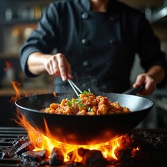 Chef cooks food in wok pan over open fire. Close up of flames and steam rising from pan. Culinary preparation in restaurant kitchen. Expert cuisine dish.