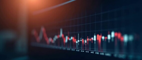 Dynamic stock market graph with flickering data points, camera slowly panning across a futuristic financial dashboard, creating a cinematic and professional investment visualization. - Powered by Adobe