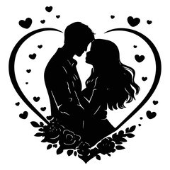 Romantic Couple Silhouette Inside Heart Shape with Flowers Love Concept Isolated on Transparent Background