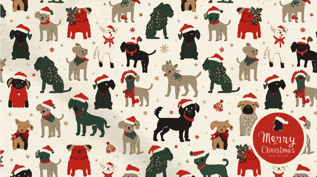Vector illustration template featuring fabric pattern with Christmas dog motifs in flat design style, incorporating festive red and green colors, with simple