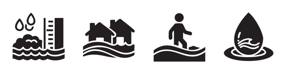 Flood disaster warning icons illustrate various aspects of water-related emergencies including rising levels, submerged homes, and people wading through dangerous conditions.